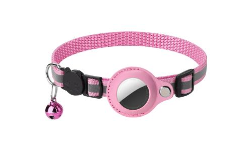 Reflective pink breakaway cat collar with an AirTag holder, adjustable and lightweight for comfort, with pink bell.