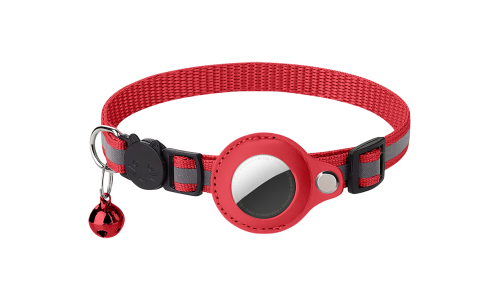 Reflective red breakaway cat collar with an AirTag holder, adjustable and lightweight for comfort, with red bell.
