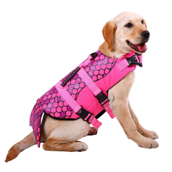 Mermaid-themed dog life jacket in pink with scale pattern, for flotation. Suitable for different types of dogs.