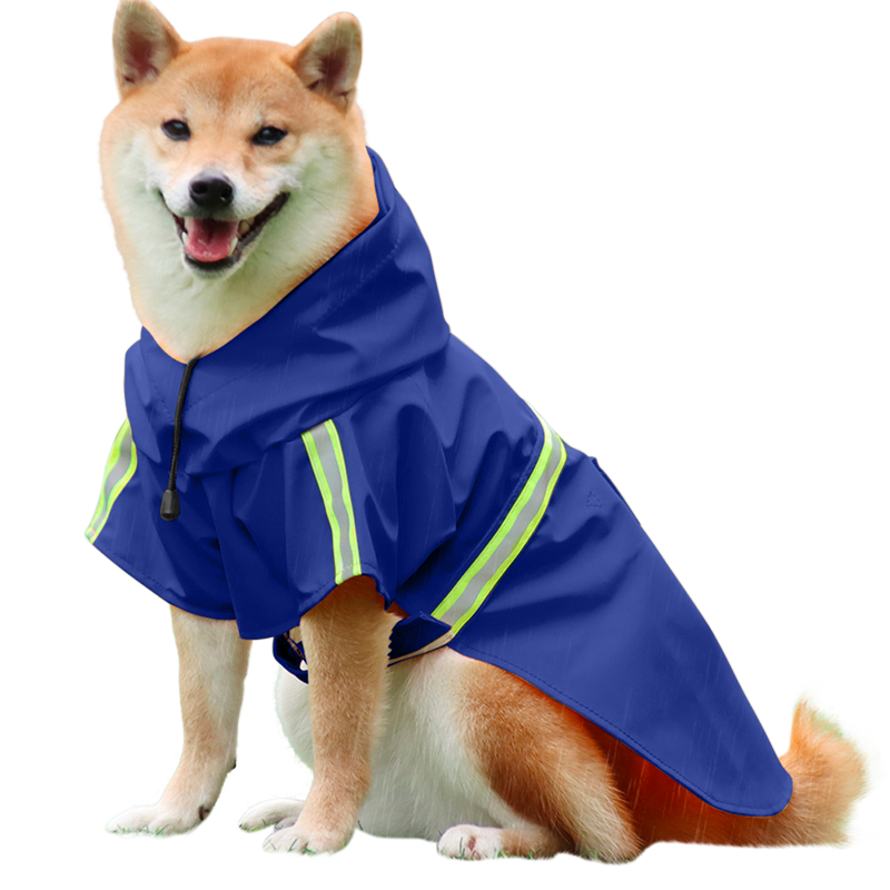 Waterproof Dog Raincoat with Reflective Strip Shiba Inu in a waterproof blue raincoat with reflective strips, easy on and off straps, for rainy walks.