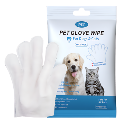 Package of hypoallergenic pet glove wipes for dogs and cats, 6 pieces per pack, for gentle cleaning and deodorising.