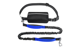 Hands Free Dog Leash with Adjustable Waist Belt and Pouch Blue hands-free dog leash with adjustable waist belt and storage pouch, extending from 27 to 48 inches, for safe running.
