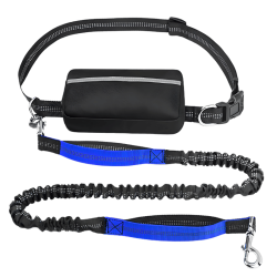 Blue hands-free dog leash with adjustable waist belt and storage pouch, extending from 27 to 48 inches, for safe running.