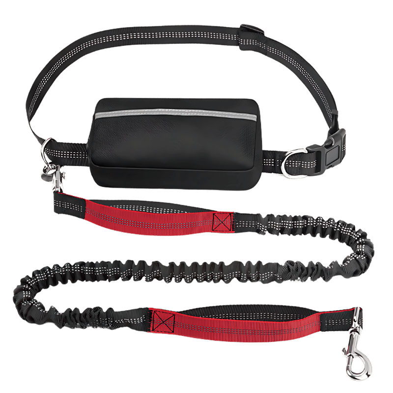Hands Free Dog Leash with Adjustable Waist Belt and Pouch Red hands-free dog leash with adjustable waist belt and storage pouch, extending from 27 to 48 inches, for safe running.