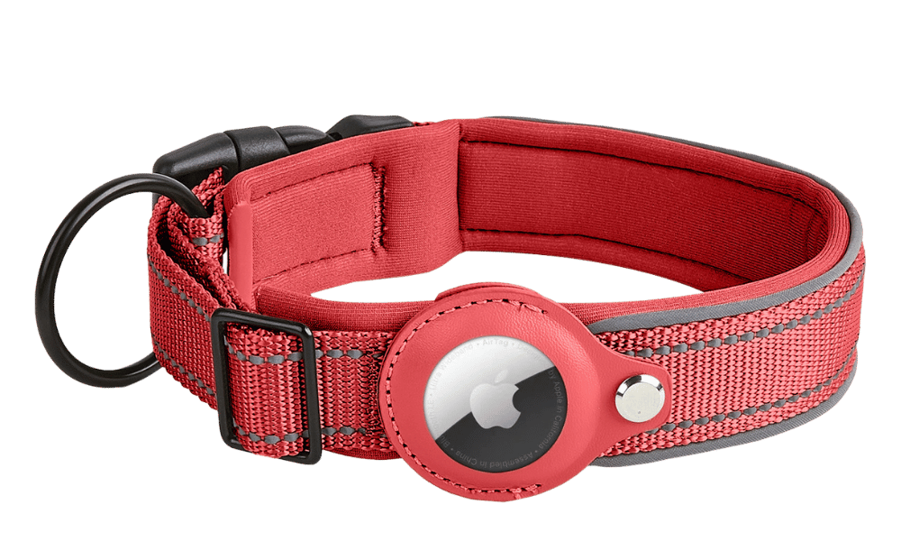 Reflective Airtag Dog Collar Red reflective dog collar with Airtag holder, adjustable, lightweight nylon, for dog tracking and visibility.