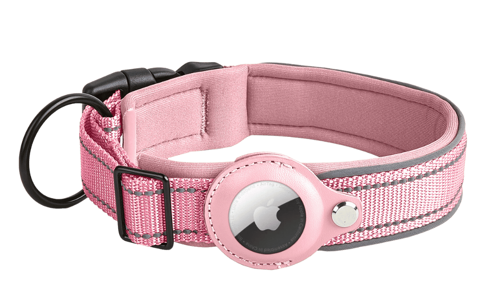 Reflective Airtag Dog Collar Light pink reflective dog collar with Airtag holder, adjustable, lightweight nylon, for dog tracking and visibility.