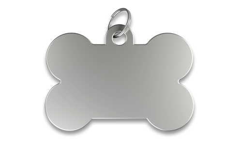 Silver bone shaped dog tag with smooth finish, with a silver ring, customisable with engraved dog name.