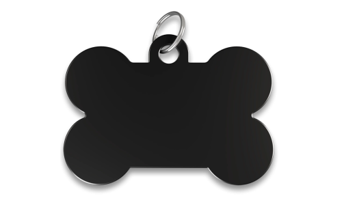 Black bone shaped dog tag with smooth finish, with a silver ring, customisable with engraved dog name.