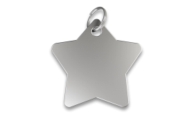 Silver star shaped dog tag with smooth finish, with a silver ring, customisable with engraved dog name.