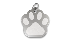 Silver paw shaped dog tag with smooth finish, with a silver ring, customisable with engraved dog name.