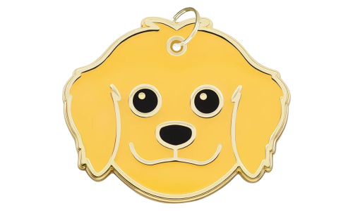 Engraved dog tag shaped like a Golden Retriever face, with a cute and smiling expression, designed for dog id tags.
