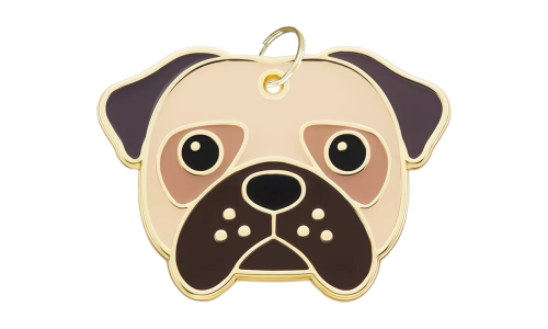 Engraved dog tag shaped like a Pug face, with a cute, smiling expression and gold outline, designed for dog id tags.