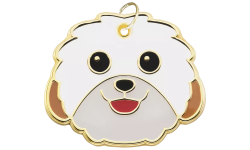 Engraved dog tag shaped like a Shih Tzu face, with a cute, smiling expression and gold outline, designed for dog id tags.