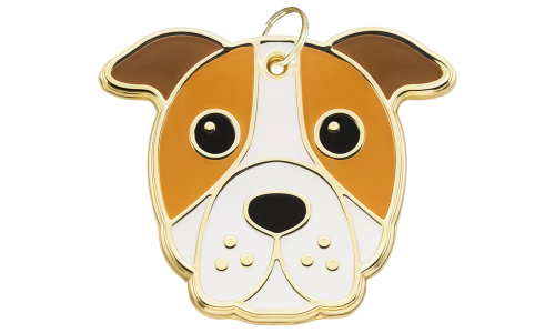 Engraved dog tag shaped like a Staffordshire Bull Terrier face, with a gold outline, lightweight designed for dog id tags.
