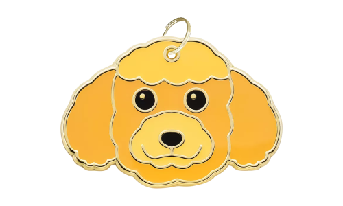 Engraved dog tag shaped like a Toy Poodle face, with a cute, smiling expression and gold outline, designed for dog id tags.
