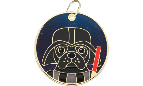 Glow-in-the-dark round dog tag featuring a Pug face, space-themed design, lightweight for dog comfort, with engravable area.