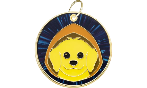 Glow-in-the-dark round dog tag featuring a dog face, lightweight for dog comfort, with engravable area, and smooth edges.