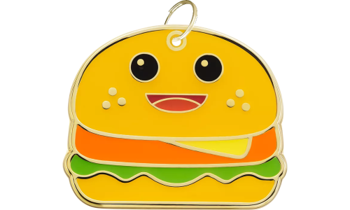 Burger-shaped dog tag with a smiling face, with a gold ring, customisable with engraved and personalised dog name.