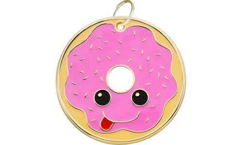 Donut-shaped dog tag with a smiling face, with a gold ring, customisable with engraved and personalised dog name.