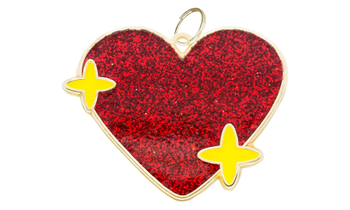 Heart dog tag with a red glitter finish and two yellow star, designed for dog ID tags with a playful, stylish look.