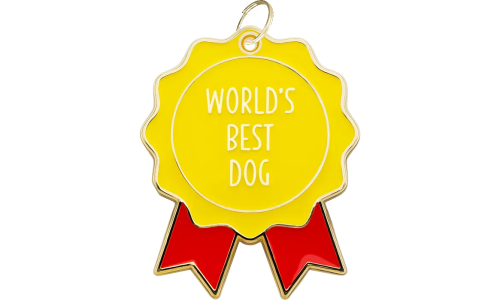 World’s Best Dog' dog tag with red ribbons, vibrant design with smooth edges, perfect for celebrating your dog's personality.