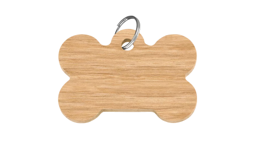 Wooden bone-shaped dog tag, 38mm x 25mm, FSC-certified wood, with a silver ring, customisable with personalised dog name.
