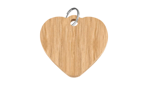 Wooden heart dog tag, 38mm x 25mm, FSC-certified wood, with a silver ring, customisable with personalised dog name.
