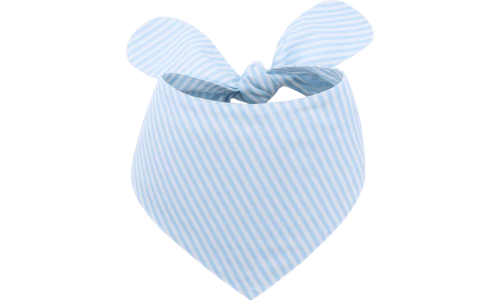 Light blue and white striped personalised dog bandana with a knot tie, customisable with embroidered name.
