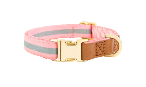 Light pink dog collar with gold metal buckle for dog name engraving, 27-40cm in length and 1.5cm wide, D-ring for attachment.