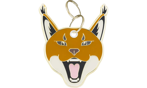 Engraved dog tag shaped like a Caracal cat face, with a cute, smiling expression and gold outline, designed for dog id tags.