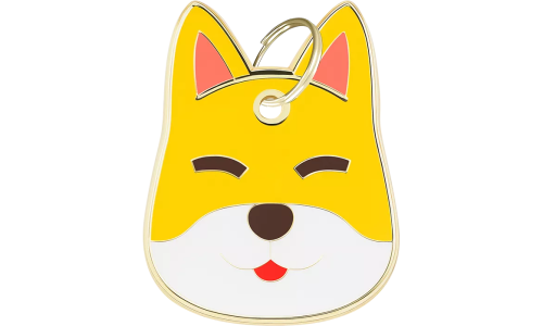 Engraved dog tag shaped like a Shiba Inu face, with a cute, smiling expression and gold outline, designed for dog id tags.