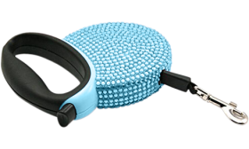 Luxury Rhinestone Retractable Dog Leash Blue luxury retractable dog leash with rhinestone design, black handle, and sturdy metal clasp, up to 3 meters for comfort.