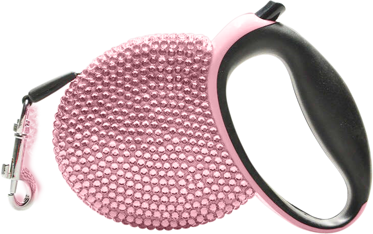 Luxury Rhinestone Retractable Dog Leash Pink luxury retractable dog leash covered in sparkling blue rhinestones, with a black handle, extending up to 3 meters.