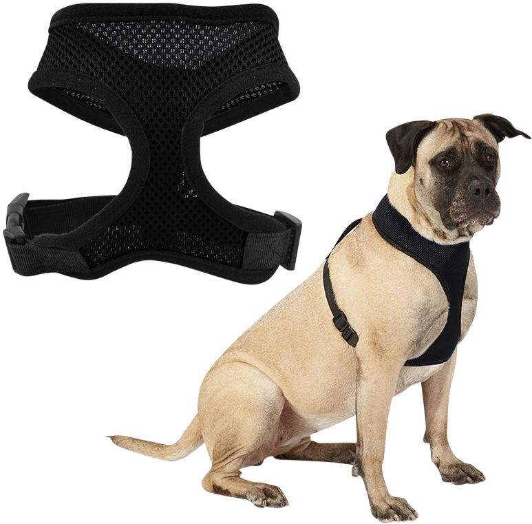Dog harness Black mesh dog harness, lightweight, designed for comfort, with adjustable black straps and durable clip.