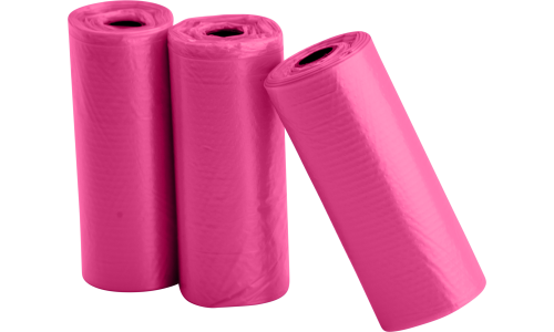 Three rolls of 15 pink dog poop bags, durable and leak-proof, perfect for clean and convenient waste disposal on walks.