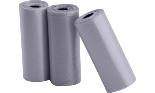 Three rolls of 15 grey dog poop bags, durable and leak-proof, perfect for clean and convenient waste disposal on walks.