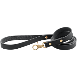 High-end black genuine leather dog leash, 120 cm in length and durable, gold metal clasp and studs for a luxurious look.