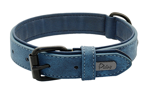 Blue luxury velvet dog collar, 49-52cm length and 2.7cm width, featuring a black metal buckle and D-ring for a stylish look.