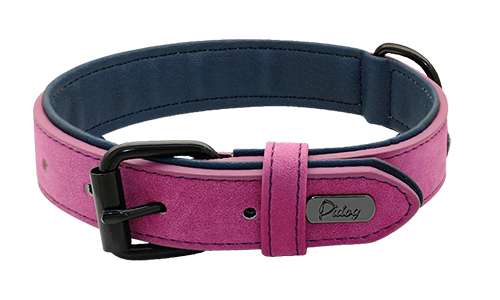 Pink luxury velvet dog collar, 49-52cm length and 2.7cm width, featuring a black metal buckle and D-ring for a stylish look.