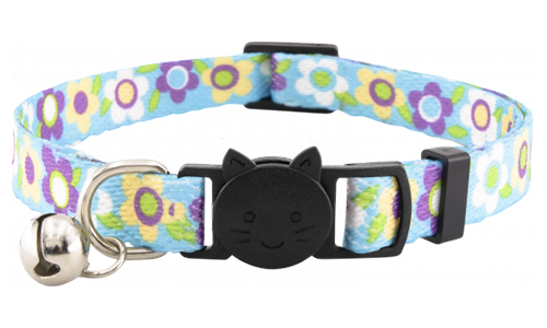 Blue floral breakaway cat collar with a bell, adjustable and lightweight, combines charm with safety.