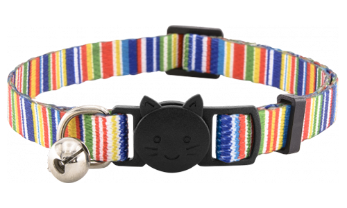 Colourful striped breakaway cat collar with a bell, adjustable and lightweight, designed for safety and style.
