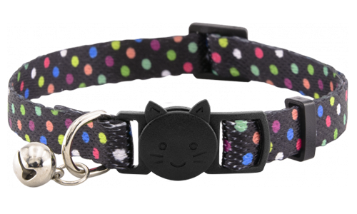 Black breakaway cat collar with polka dots and a bell, adjustable and lightweight, safe and stylish.