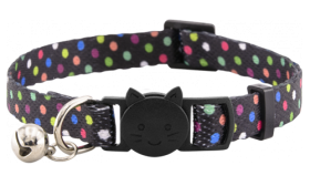Black breakaway cat collar with polka dots and a bell, adjustable and lightweight, safe and stylish.