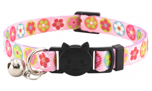 Pink floral breakaway cat collar with a bell, adjustable and lightweight, combines charm with safety.